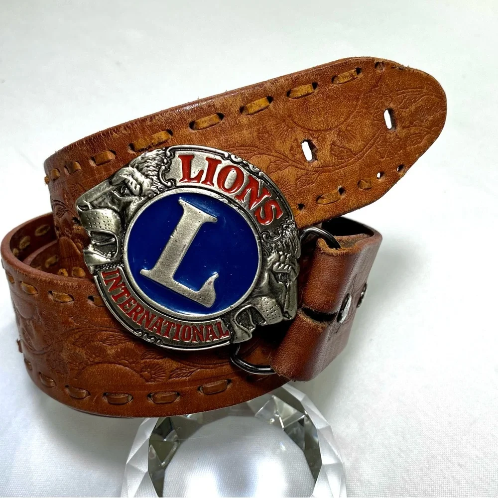 Leather Belt with Lion L letter Buckle